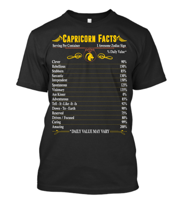 Capricorn Facts Clever Rebellious Stubborn Sarcastic Independent Visionary Adventurous Down-To-Earth Driven Caring Amazing Zodiac Sign T-Shirt