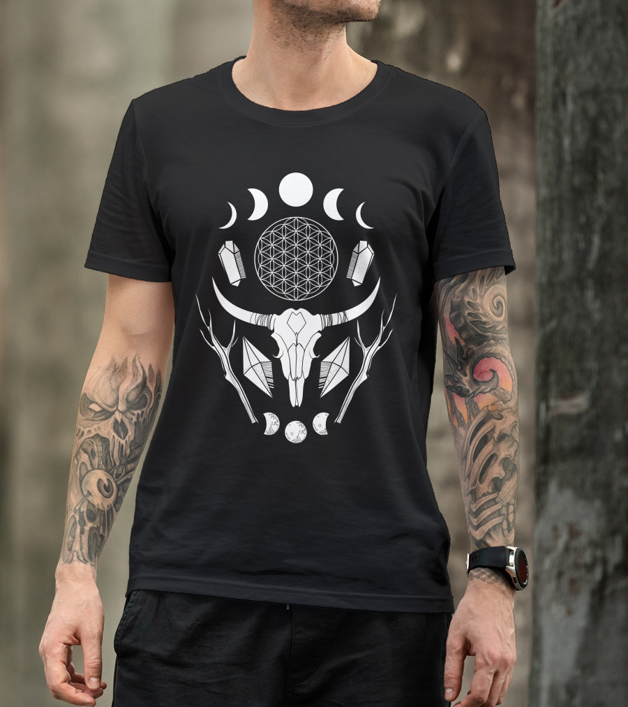 Crystal Moon Phases And Geometric Bull Skull With Crystals And Sacred Geometry T-Shirt