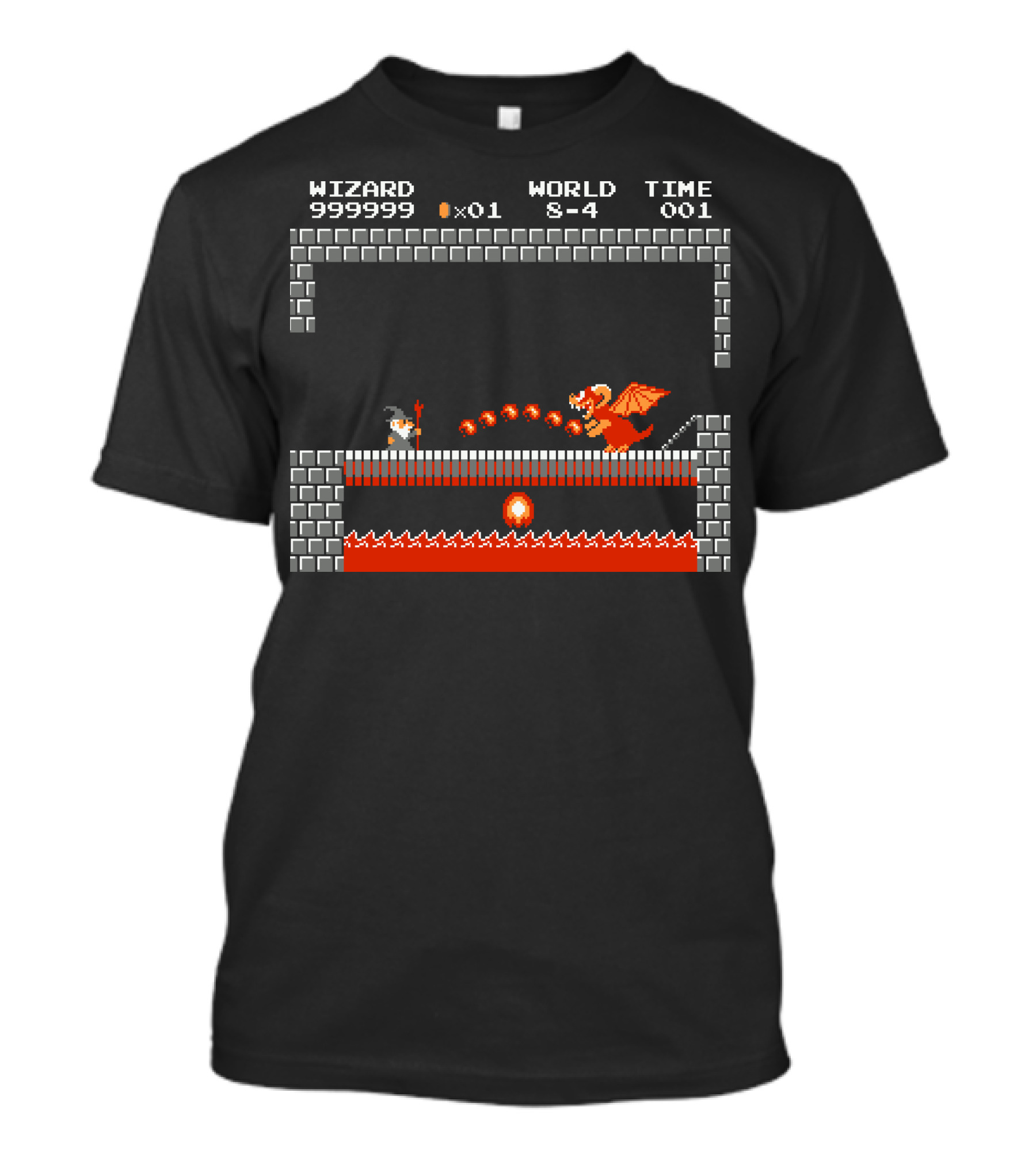 WIZARD WORLD 8-4 TIME 001 Fly You Fools Retro Video Game Lava Dragon Scene T-Shirt