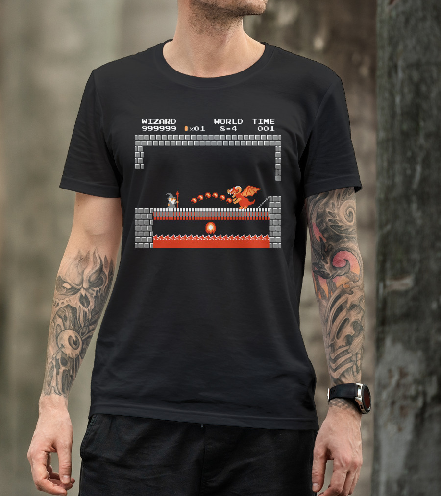 WIZARD WORLD 8-4 TIME 001 Fly You Fools Retro Video Game Lava Dragon Scene T-Shirt