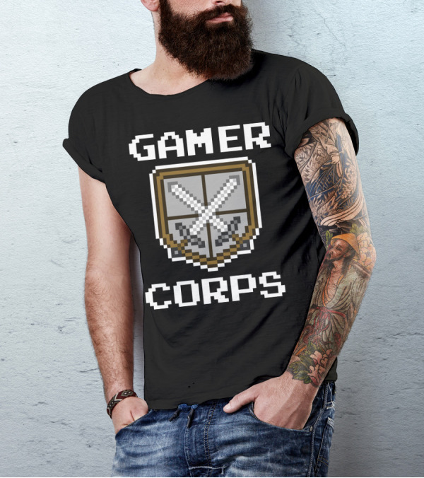 Gamer Corps Pixel Shield Crossed Swords T-Shirt