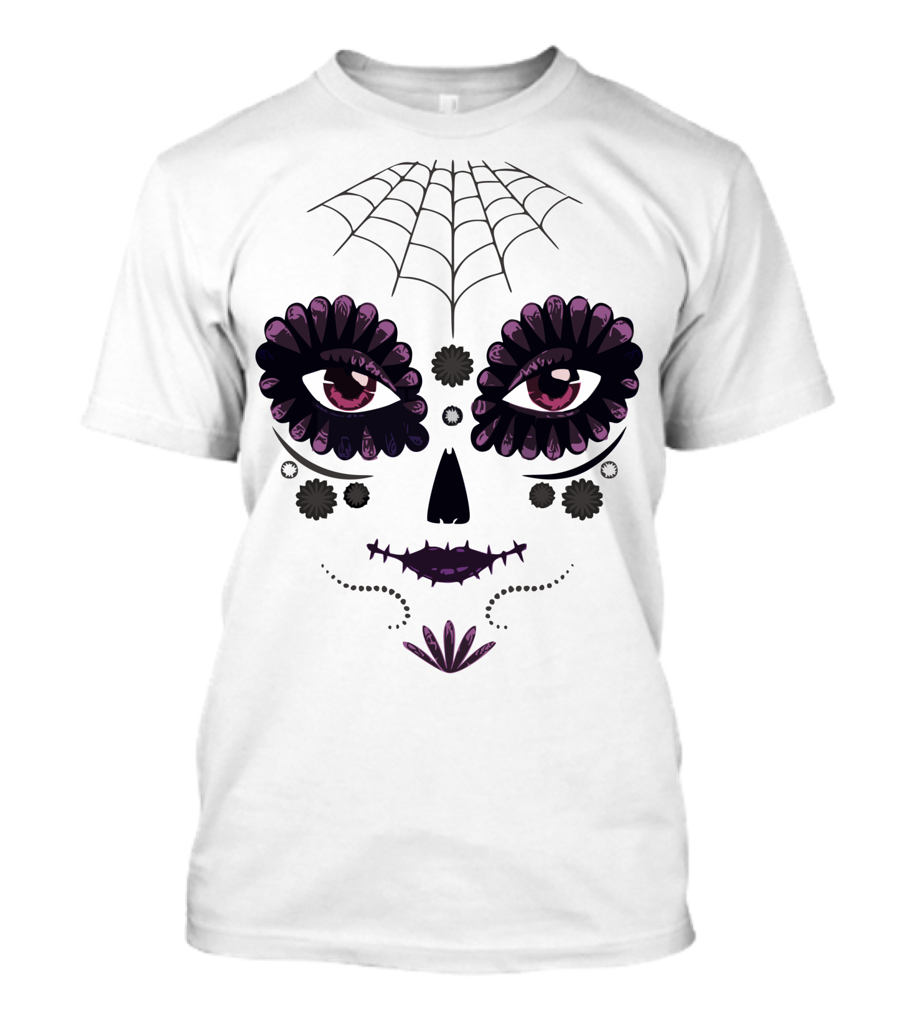 Girl Day Of The Dead Sugar Skull Face With Spider Web And Floral Accents T-Shirt