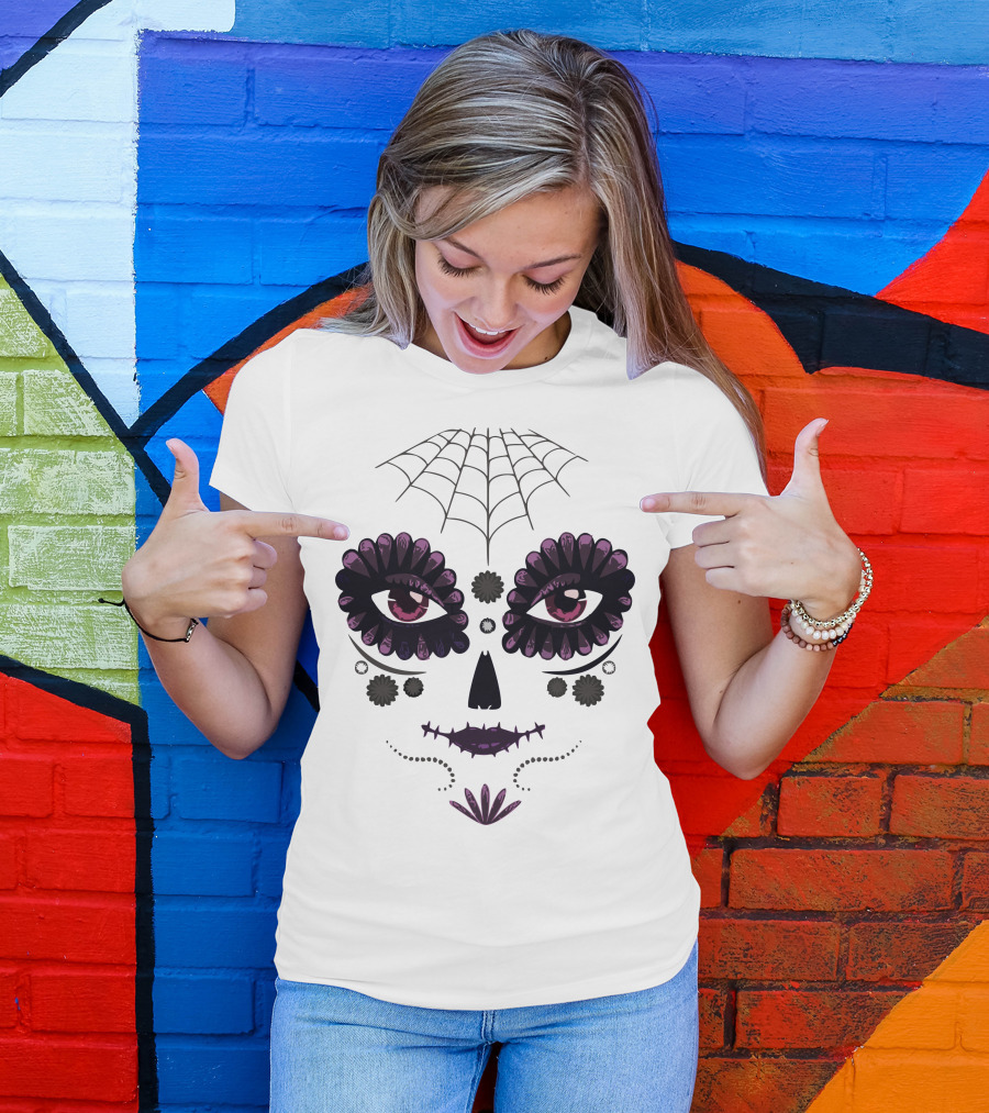 Girl Day Of The Dead Sugar Skull Face With Spider Web And Floral Accents T-Shirt