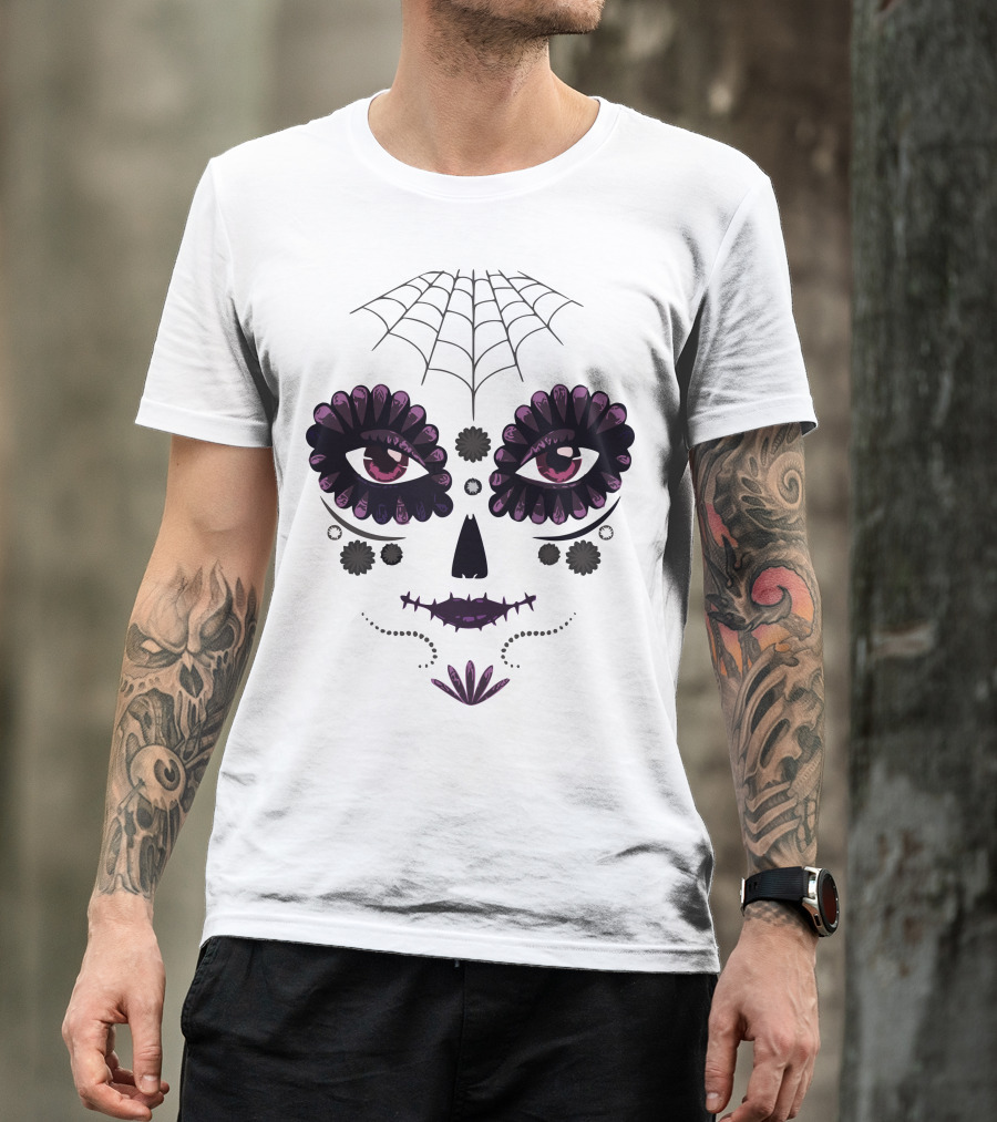 Girl Day Of The Dead Sugar Skull Face With Spider Web And Floral Accents T-Shirt