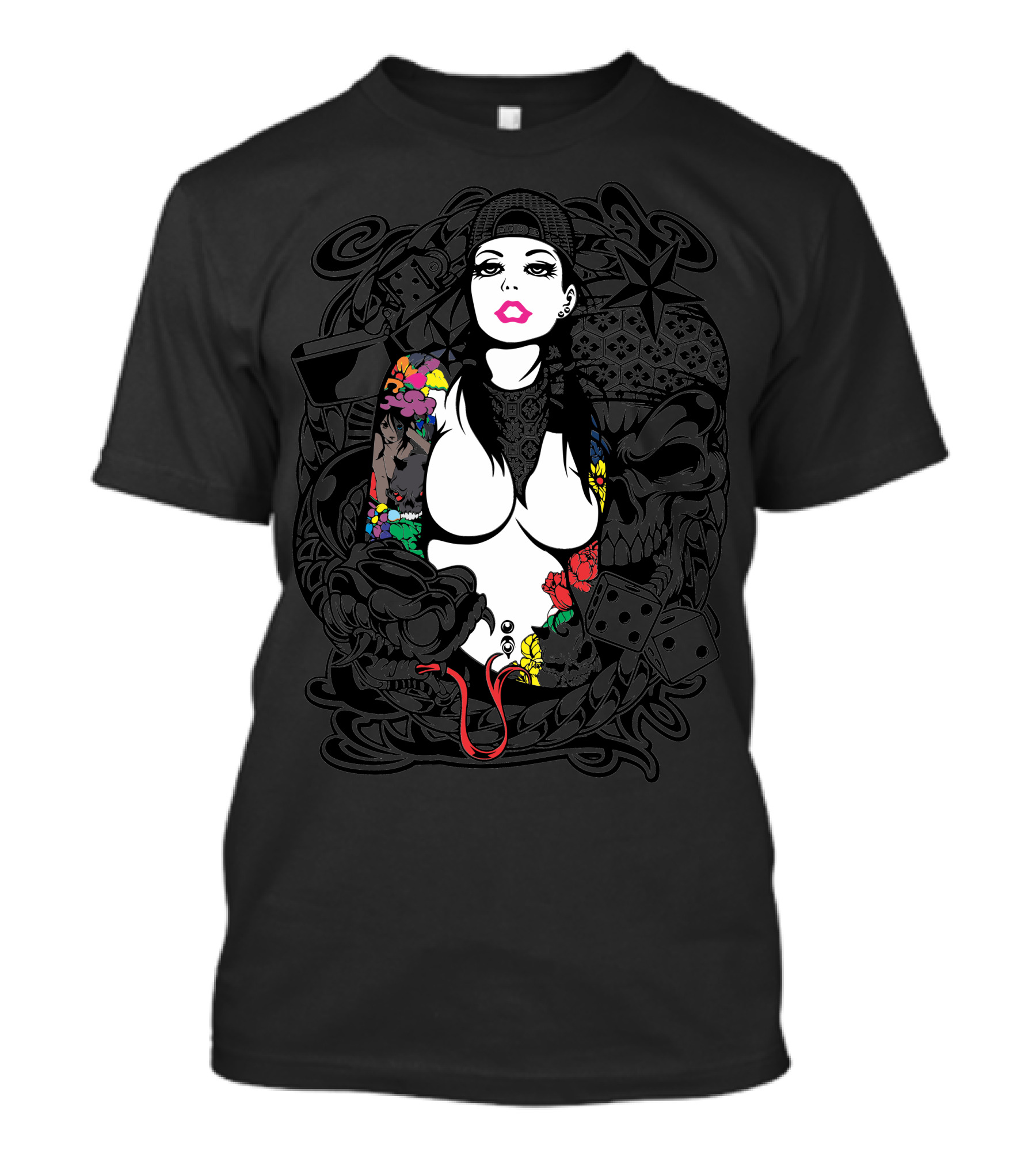 Girl Snake Skull Star Dice Roses Tattoo T-Shirt