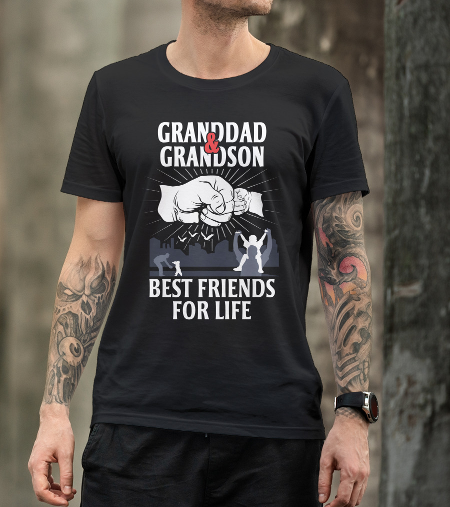 Granddad And Grandson Fist Bump Best Friends For Life With Silhouette Scene T-Shirt
