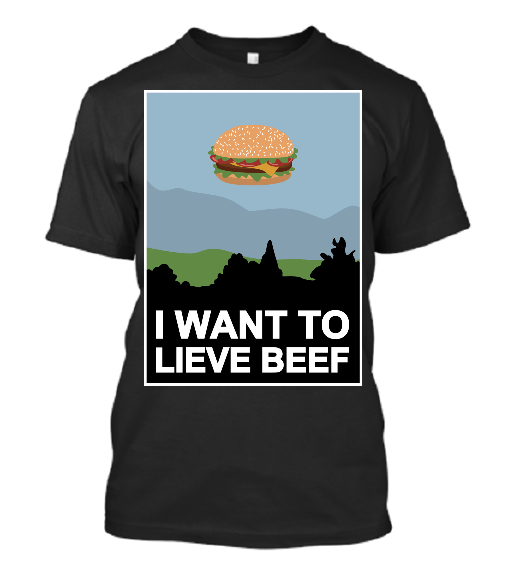I Want To Lieve Beef Hamburger UFO Poster Style Retro T-Shirt