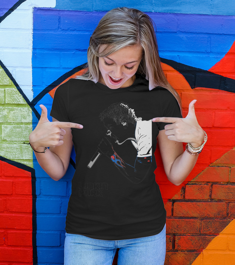 Linkin Park Singer Illustration With Microphone And Flame Tattoo T-Shirt