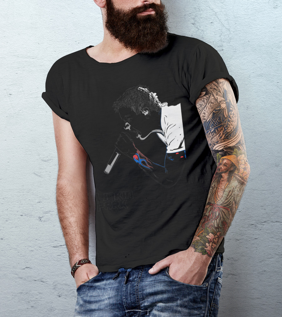 Linkin Park Singer Illustration With Microphone And Flame Tattoo T-Shirt