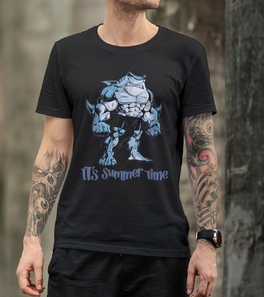 Muscle Shark It's Summer Time Buff Cartoon Shark T-Shirt
