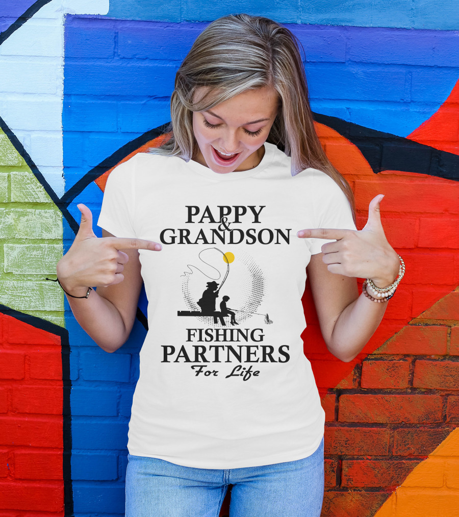 Pappy And Grandson Fishing Partners For Life Silhouette With Moon And Fishing Rod T-Shirt
