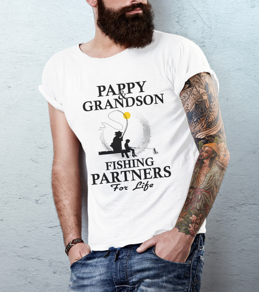 Pappy And Grandson Fishing Partners For Life Silhouette With Moon And Fishing Rod T-Shirt