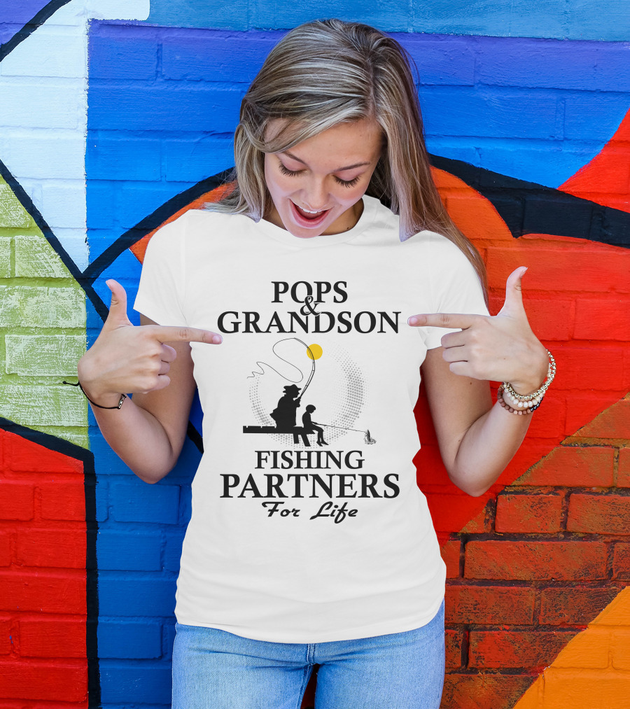 Pops And Grandson Fishing Partners For Life Silhouette With Moon And Fishing Rod T-Shirt