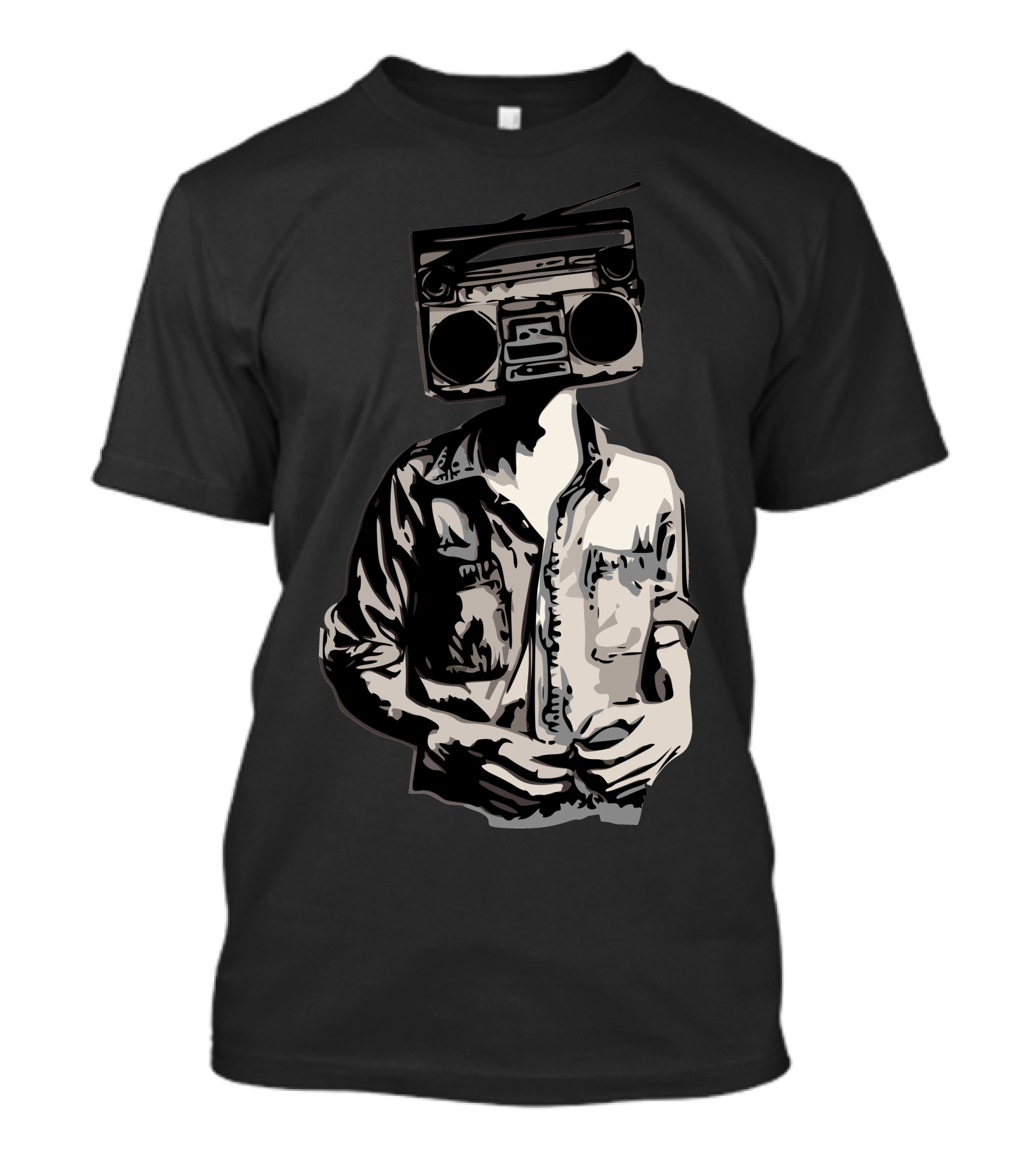 Stereo Head Boombox Character In Retro Jacket T-Shirt