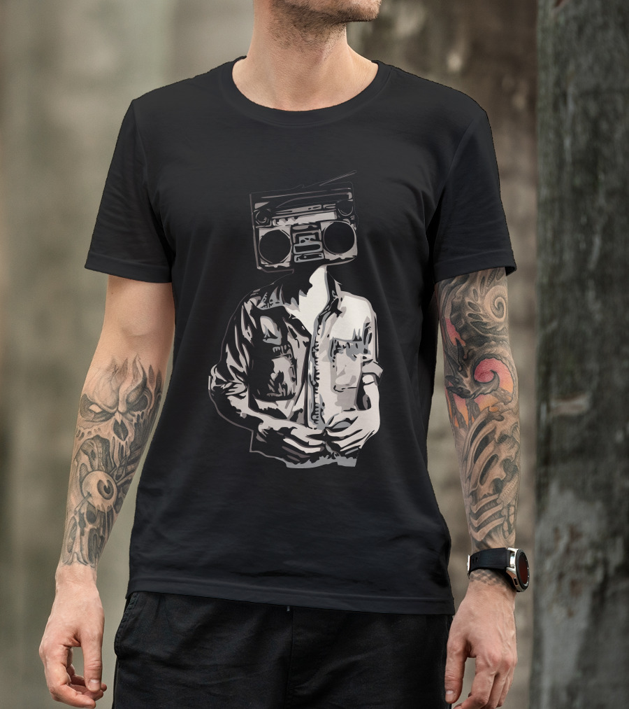 Stereo Head Boombox Character In Retro Jacket T-Shirt