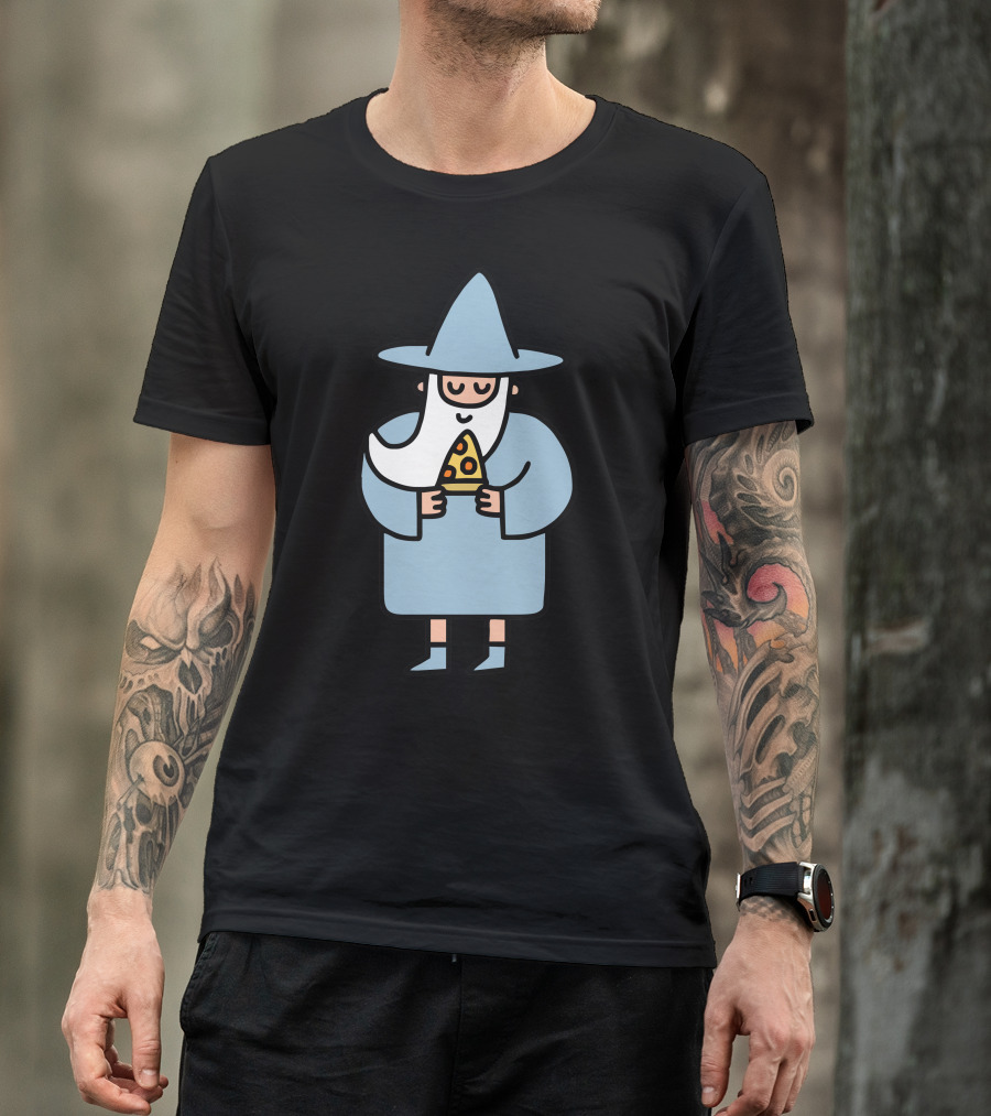 Wizard Holding Pizza Slice Cartoon T-Shirt
