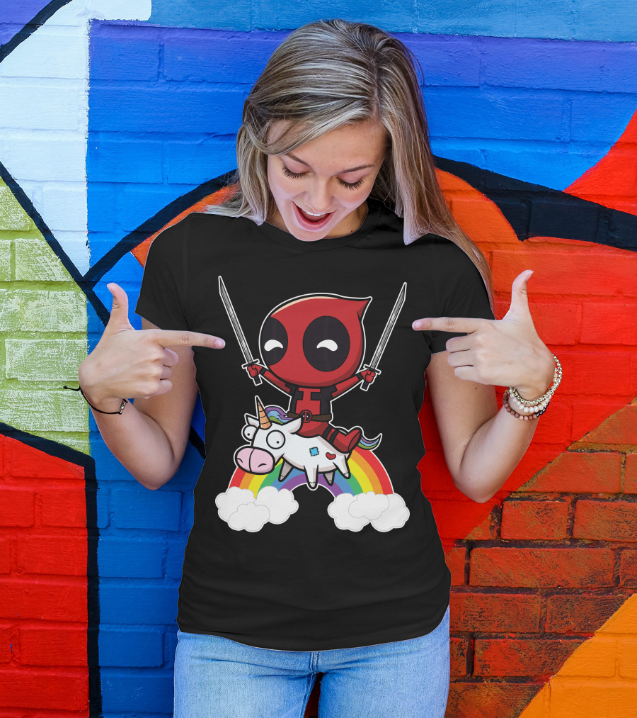Deadpool Riding The Unicorn With Rainbow T-Shirt