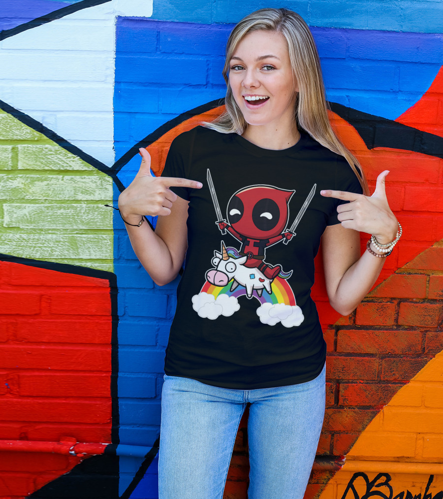 Deadpool Riding The Unicorn With Rainbow T-Shirt