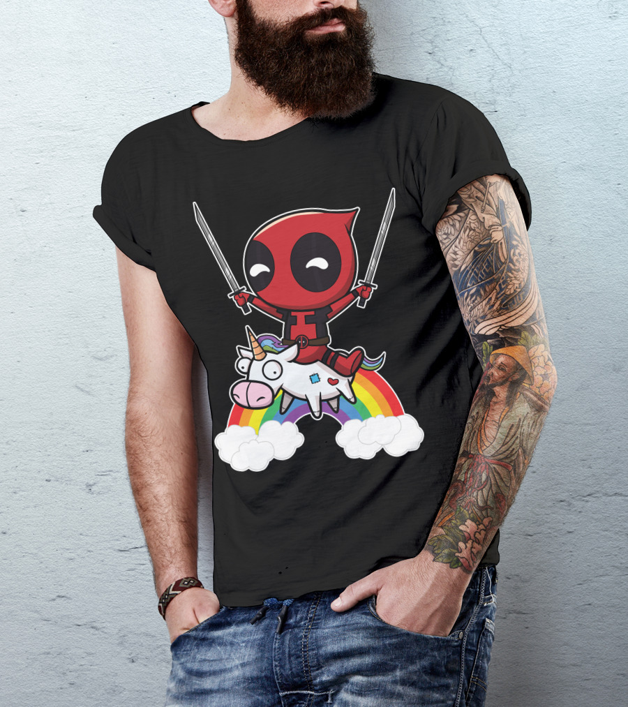 Deadpool Riding The Unicorn With Rainbow T-Shirt