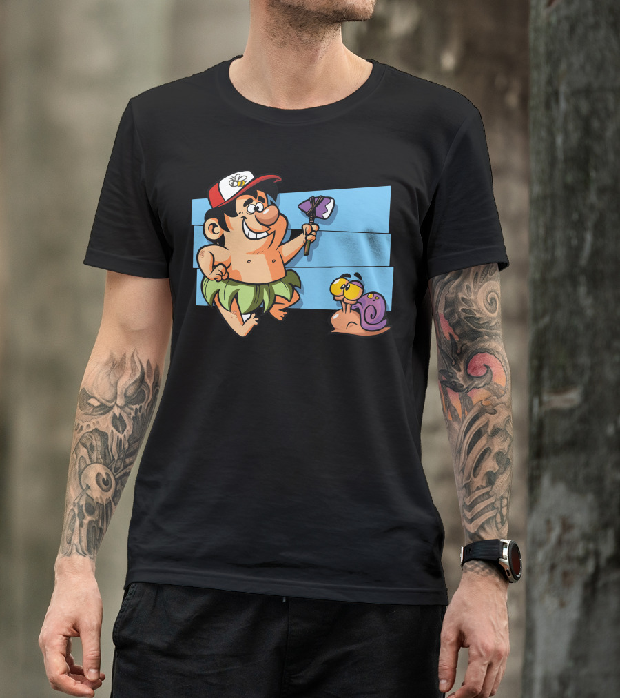 Adventure Island Kid With Axe And Snail On Blue Stripes T-Shirt