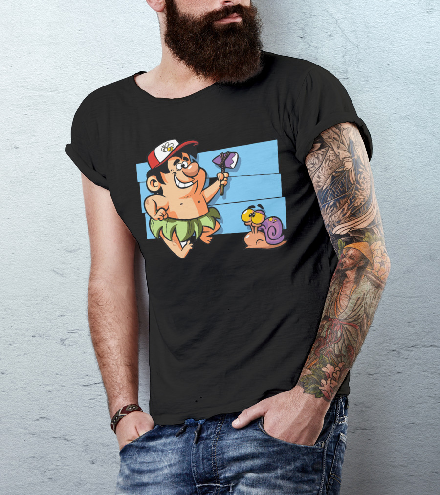 Adventure Island Kid With Axe And Snail On Blue Stripes T-Shirt