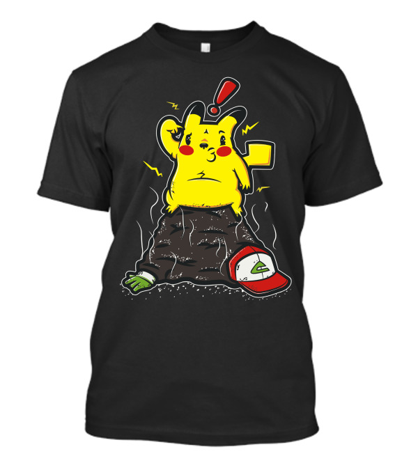 Pikachu Shocked Sitting On Ash Ketchum Hat And Glove With Exclamation Bolt T-Shirt