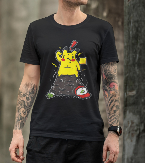 Pikachu Shocked Sitting On Ash Ketchum Hat And Glove With Exclamation Bolt T-Shirt