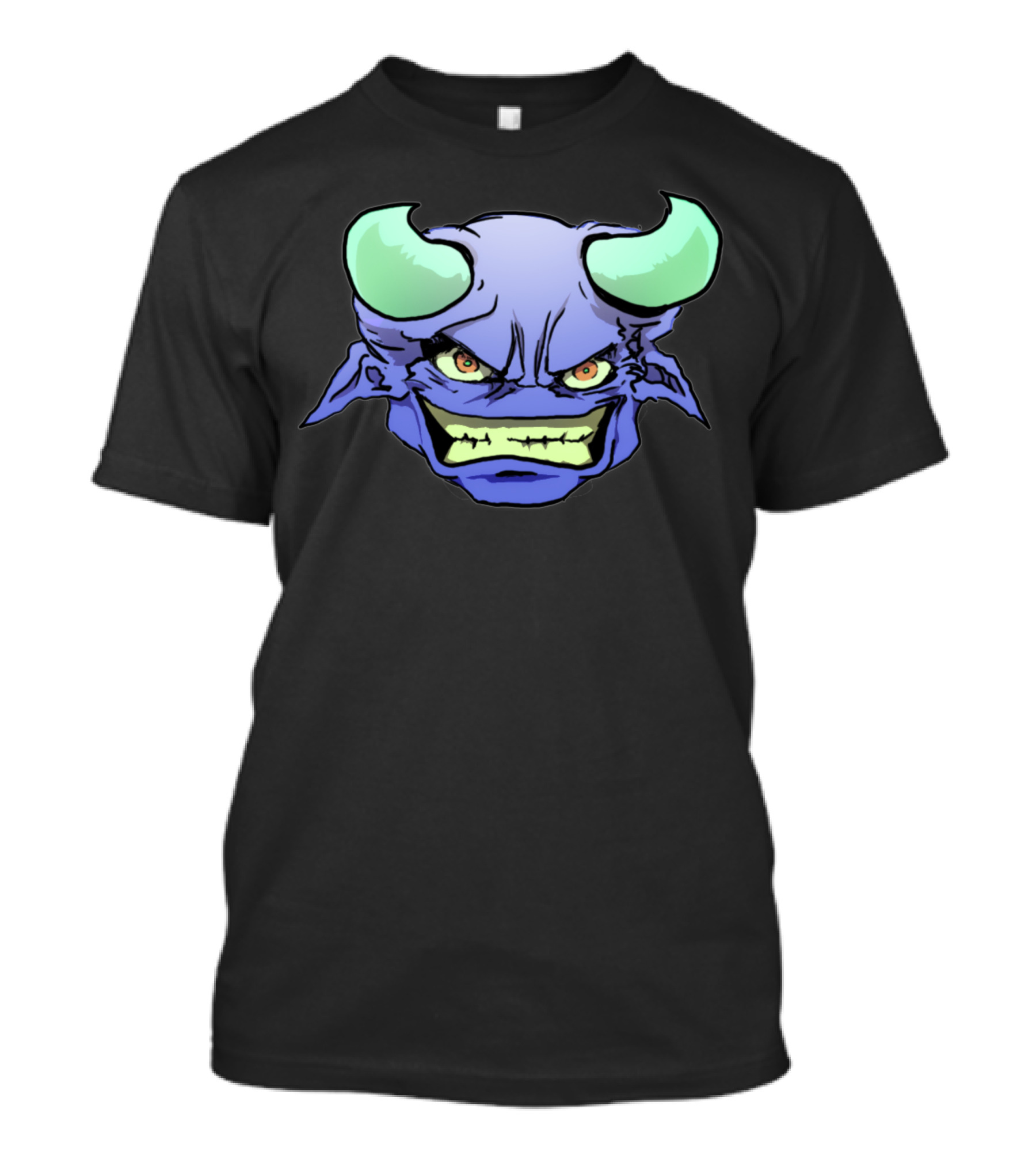 Blue Horned Monster Face With Yellow Eyes And Green Teeth T-Shirt