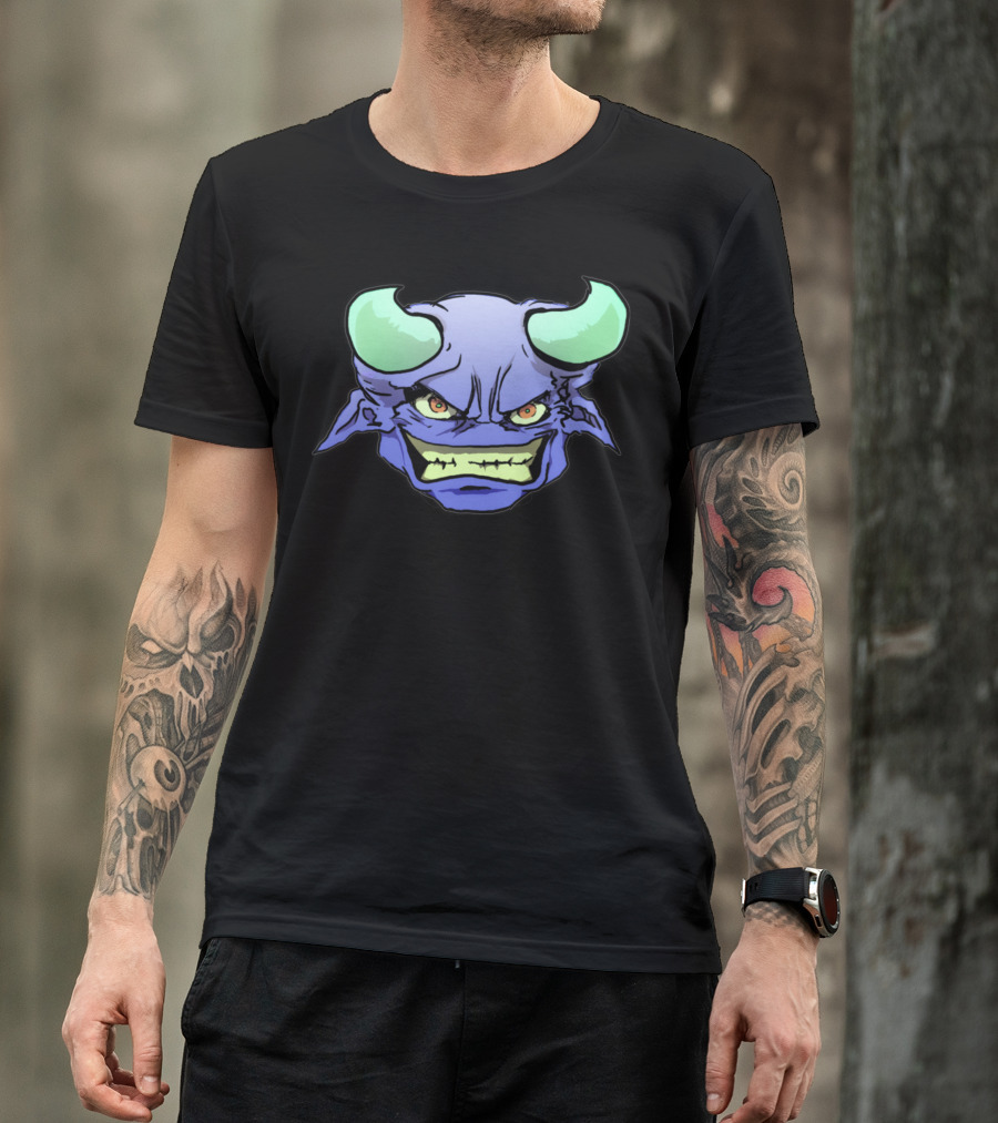 Blue Horned Monster Face With Yellow Eyes And Green Teeth T-Shirt