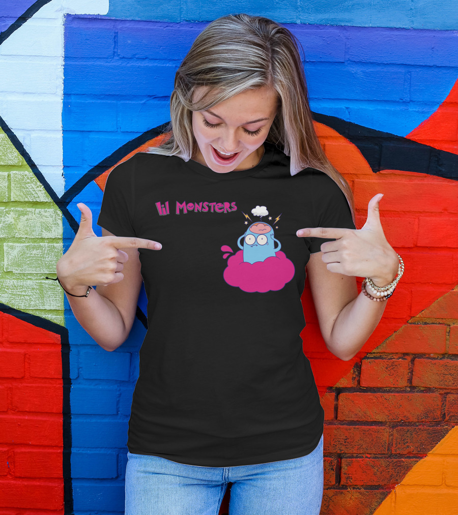 Lil Monsters Cute Blue Monster Cartoon With Cloud And Lightning T-Shirt