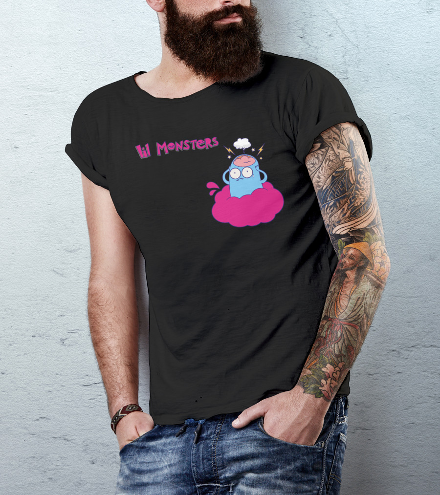 Lil Monsters Cute Blue Monster Cartoon With Cloud And Lightning T-Shirt