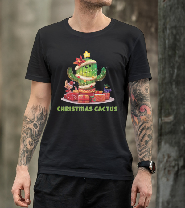 Christmas Cactus With Festive Animals And Holiday Gifts T-Shirt