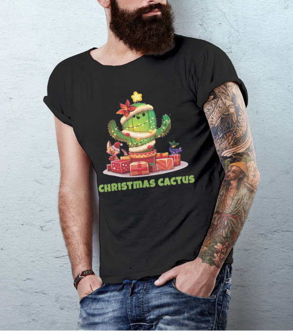 Christmas Cactus With Festive Animals And Holiday Gifts T-Shirt