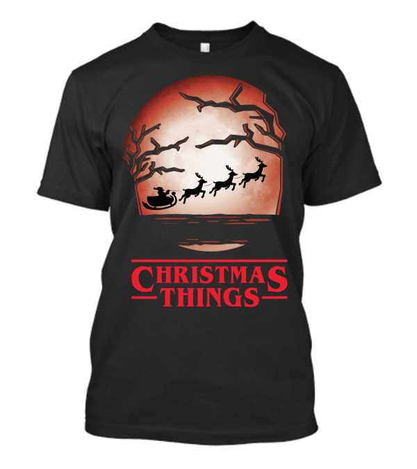 Christmas Things Santa Sleigh Silhouetted Against Red Moon With Trees T-Shirt