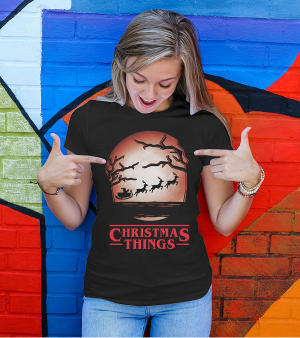 Christmas Things Santa Sleigh Silhouetted Against Red Moon With Trees T-Shirt