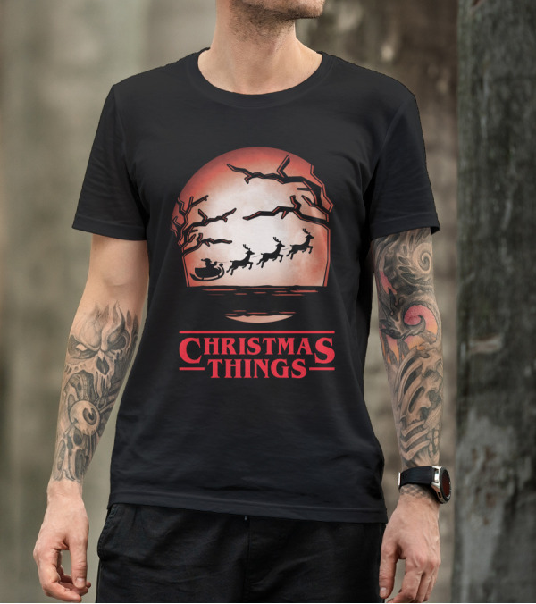 Christmas Things Santa Sleigh Silhouetted Against Red Moon With Trees T-Shirt