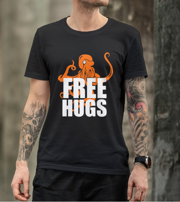 Free Hugs Funny Humor Peace Love Big Bold Hippie Trendy Octopus T-Shirt