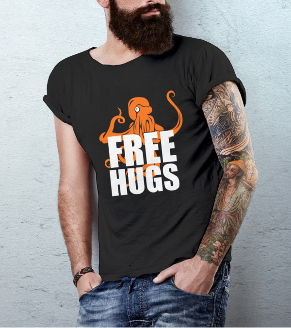 Free Hugs Funny Humor Peace Love Big Bold Hippie Trendy Octopus T-Shirt