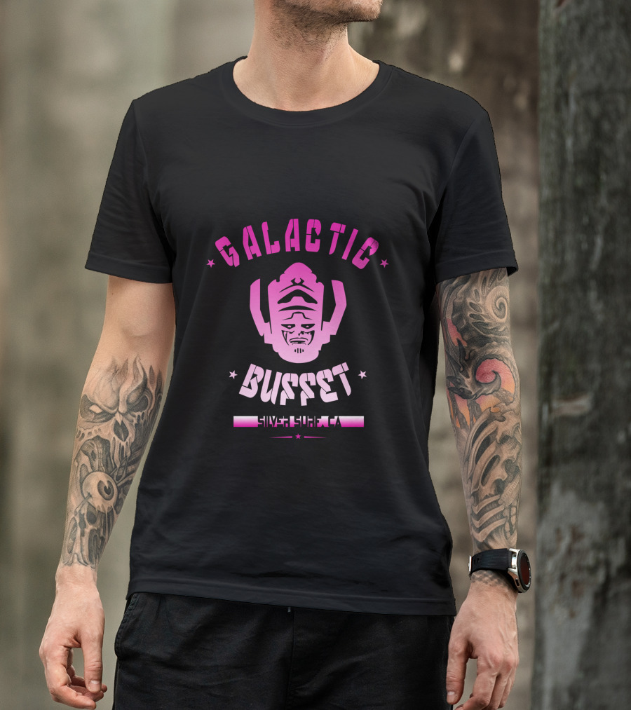 Galactic Buffet Silver Surfer Icon With Pink Helmet And Stars T-Shirt
