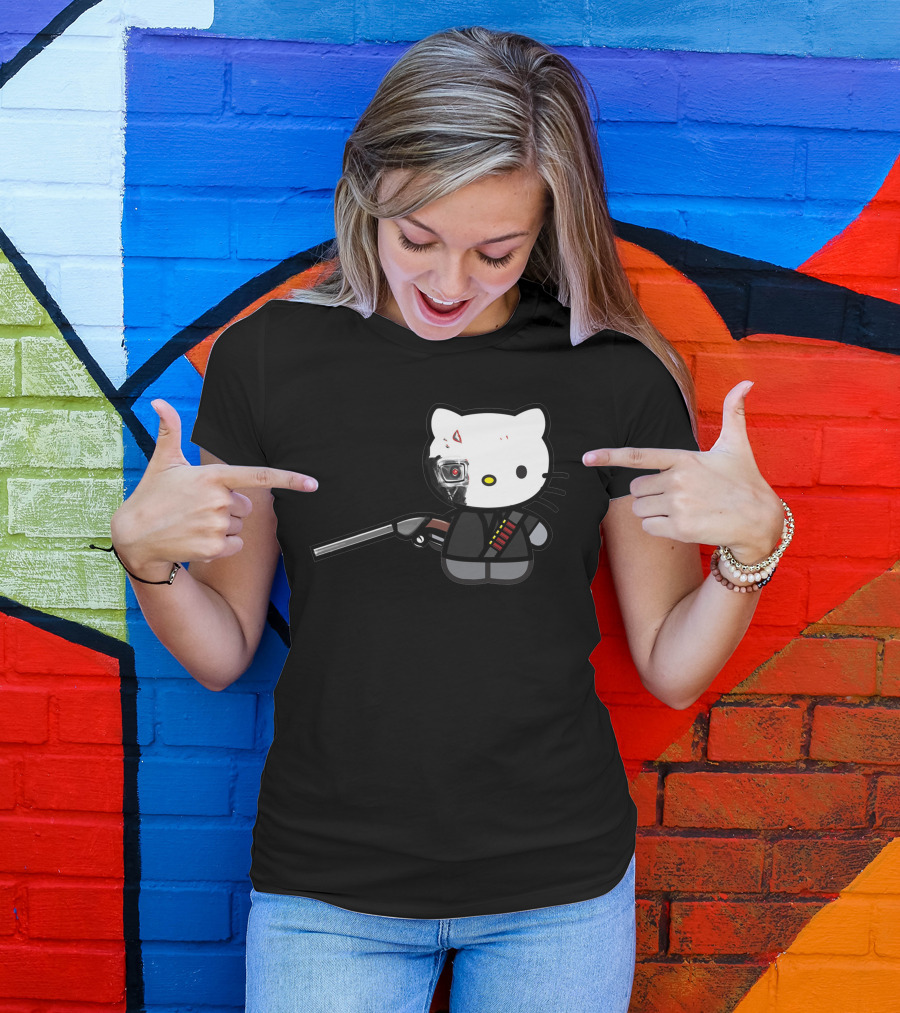 Hell Kitty T800 Battle Damaged Edition Cyborg Cat Shotgun Holder T-Shirt
