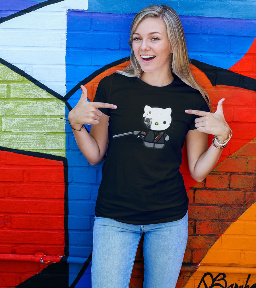 Hell Kitty T800 Battle Damaged Edition Cyborg Cat Shotgun Holder T-Shirt