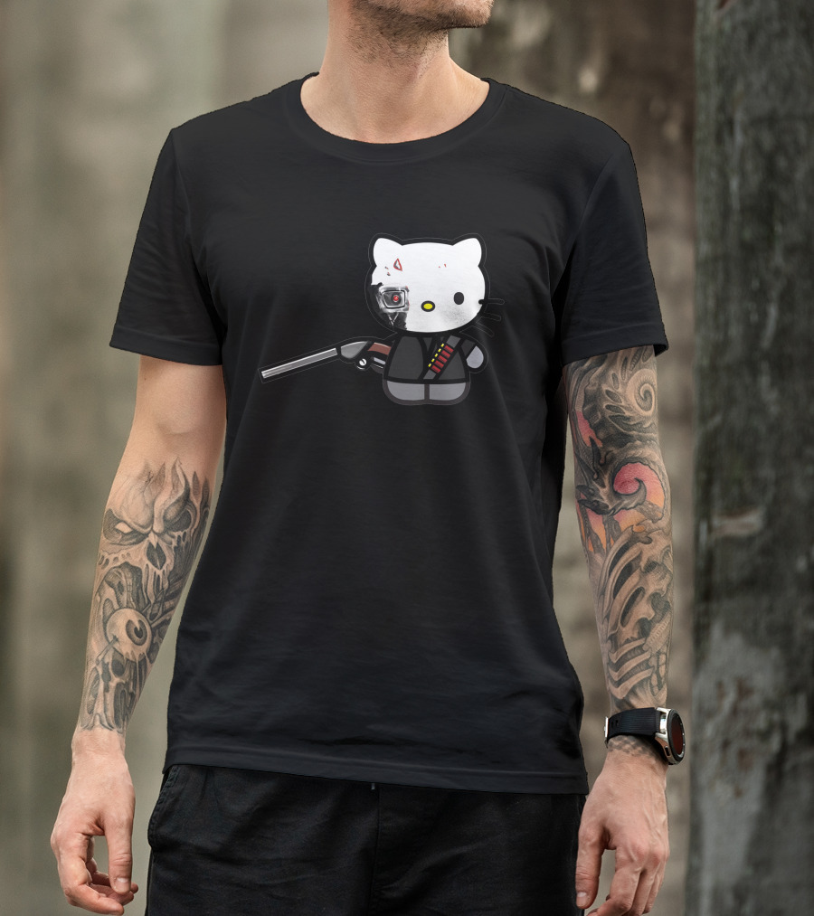 Hell Kitty T800 Battle Damaged Edition Cyborg Cat Shotgun Holder T-Shirt