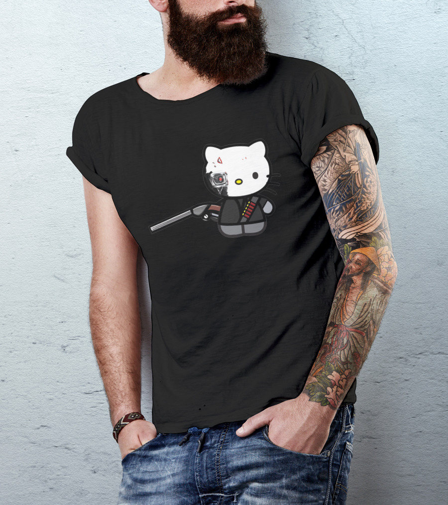 Hell Kitty T800 Battle Damaged Edition Cyborg Cat Shotgun Holder T-Shirt