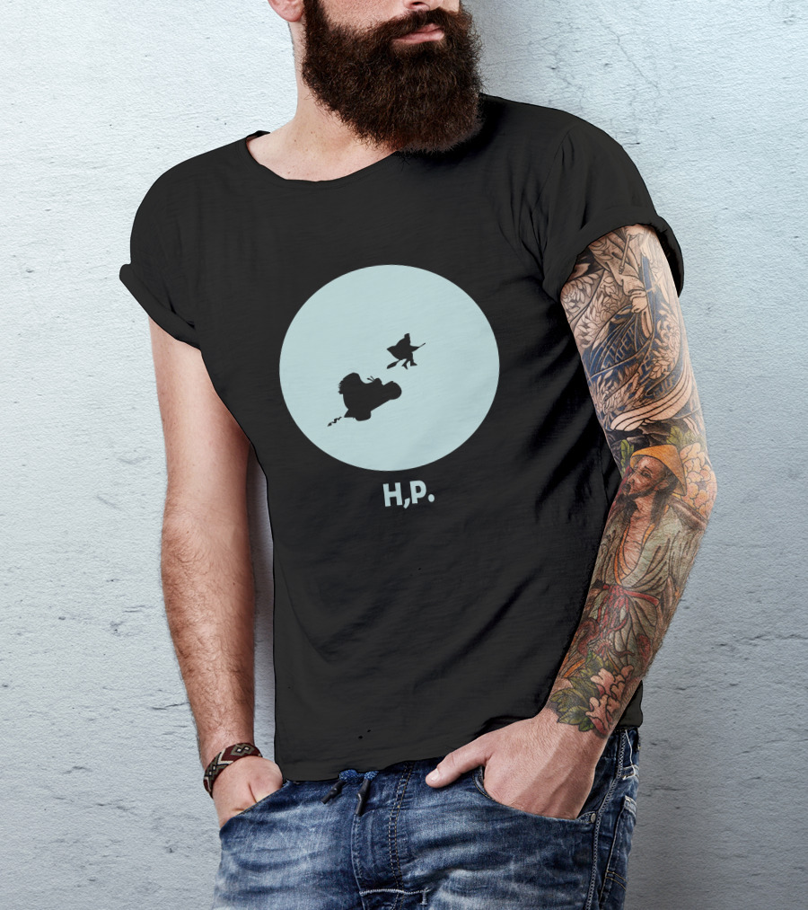 H,P Flying Broomstick Silhouette Icon Moon Background T-Shirt