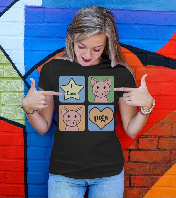I Love Pigs Cute Cartoon Pig Faces And Heart T-Shirt