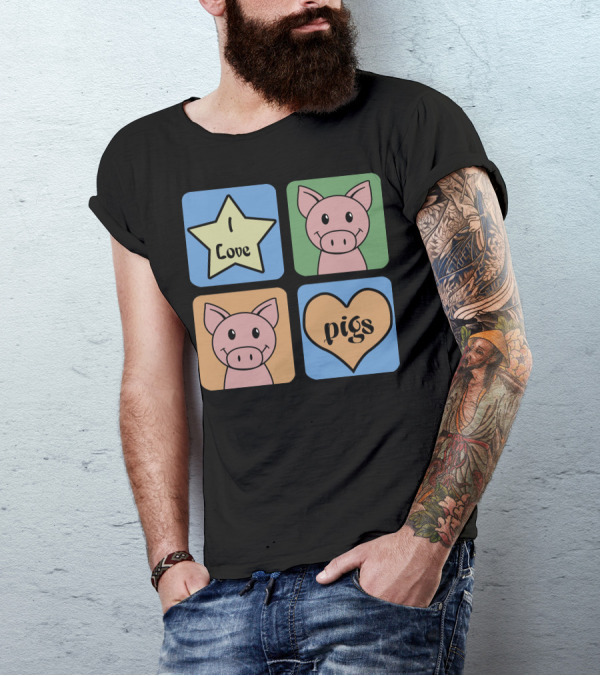I Love Pigs Cute Cartoon Pig Faces And Heart T-Shirt