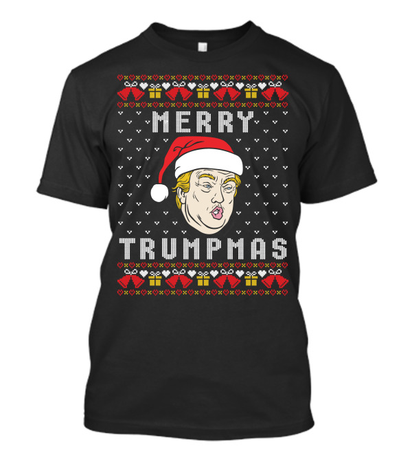 Merry Trumpmas Santa Hat Christmas Sweater Presidents Face Gift Boxes T-Shirt