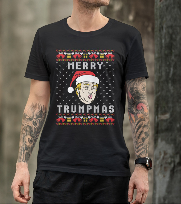 Merry Trumpmas Santa Hat Christmas Sweater Presidents Face Gift Boxes T-Shirt