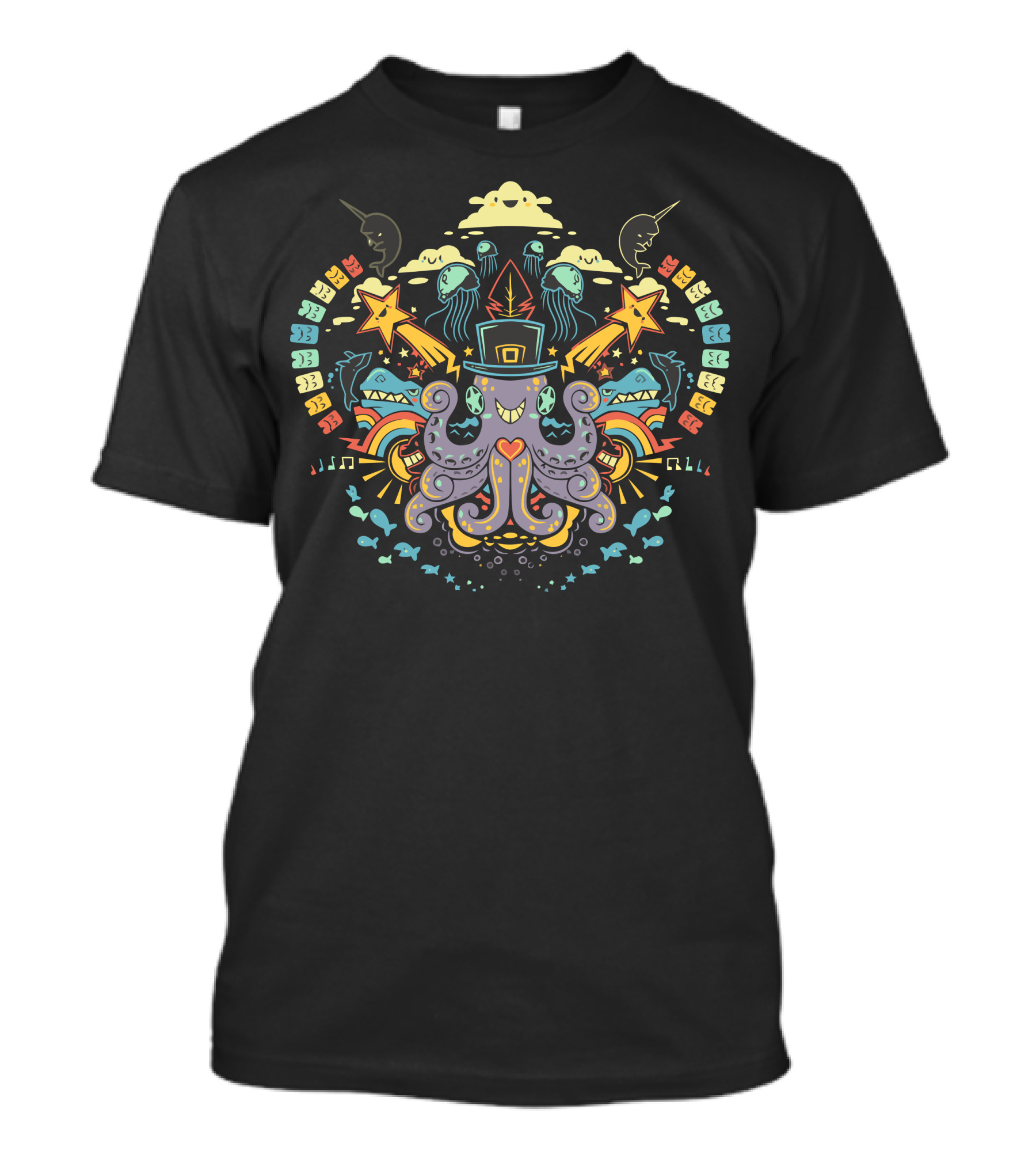 Sea The Symmetry Octopus Top Hat Stars Jellyfish Narwhals Music Notes Fish Clouds T-Shirt