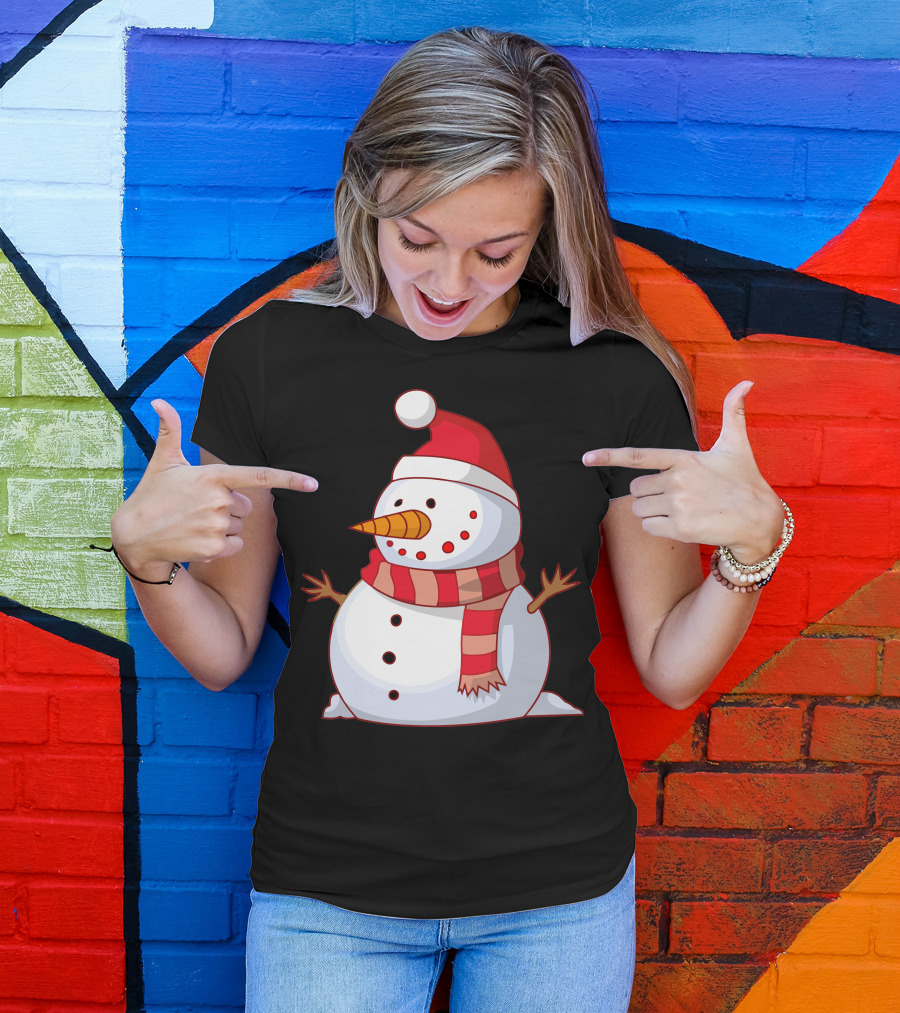 Festive Snowman With Red Santa Hat And Scarf T-Shirt